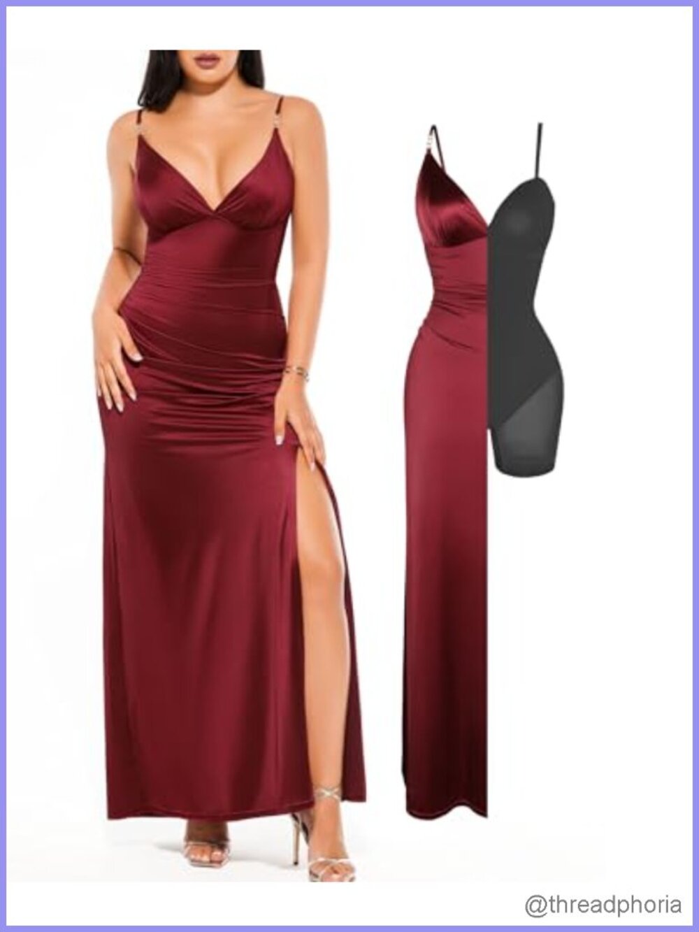 Satin Maxi Dress Formal Cocktail V-Neck Rhinestone Strap Shapewear Gown
